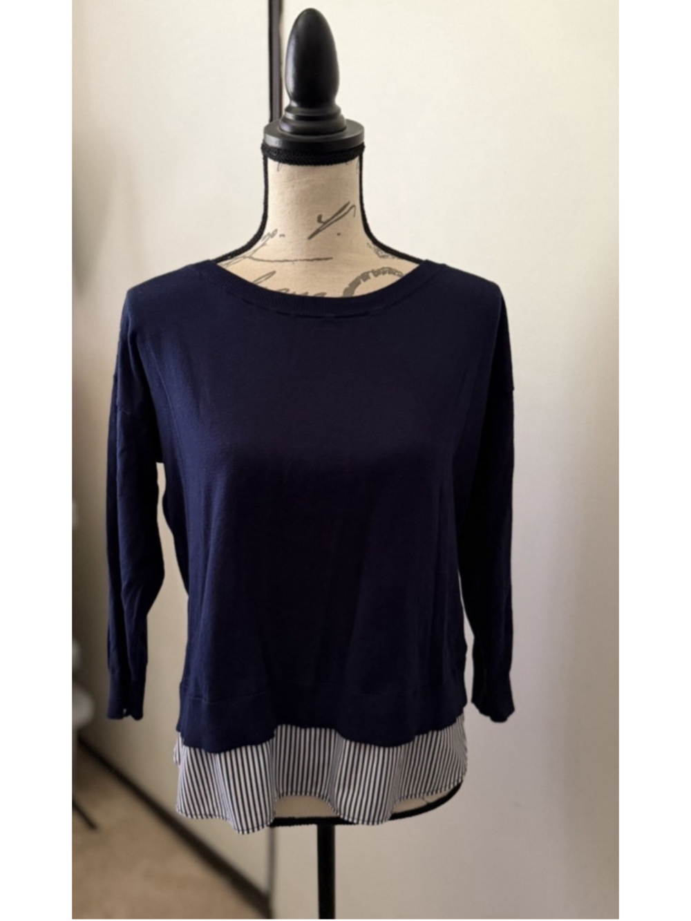 Lauren Ralph Lauren Womens L Navy Layered Stripe 3/4 Sleeve Sweater Top